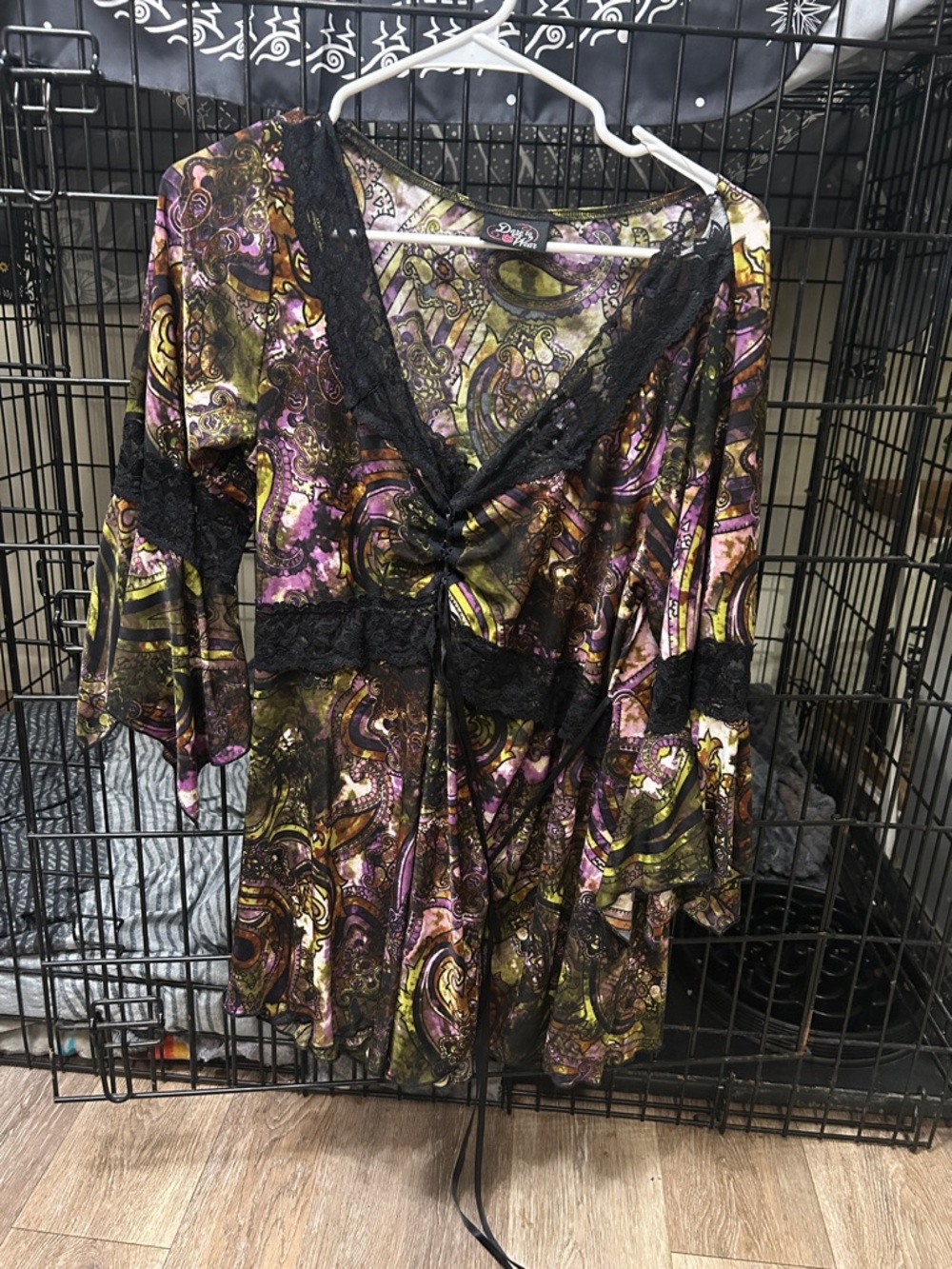 Boho Lace-Trim Paisley Tunic Blouse - Black, Purple & Olive